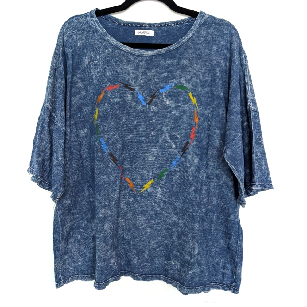 Lauren Moshi Cambridge Acid Wash Rainbow Lightning Bolt Heart Shirt Sz L